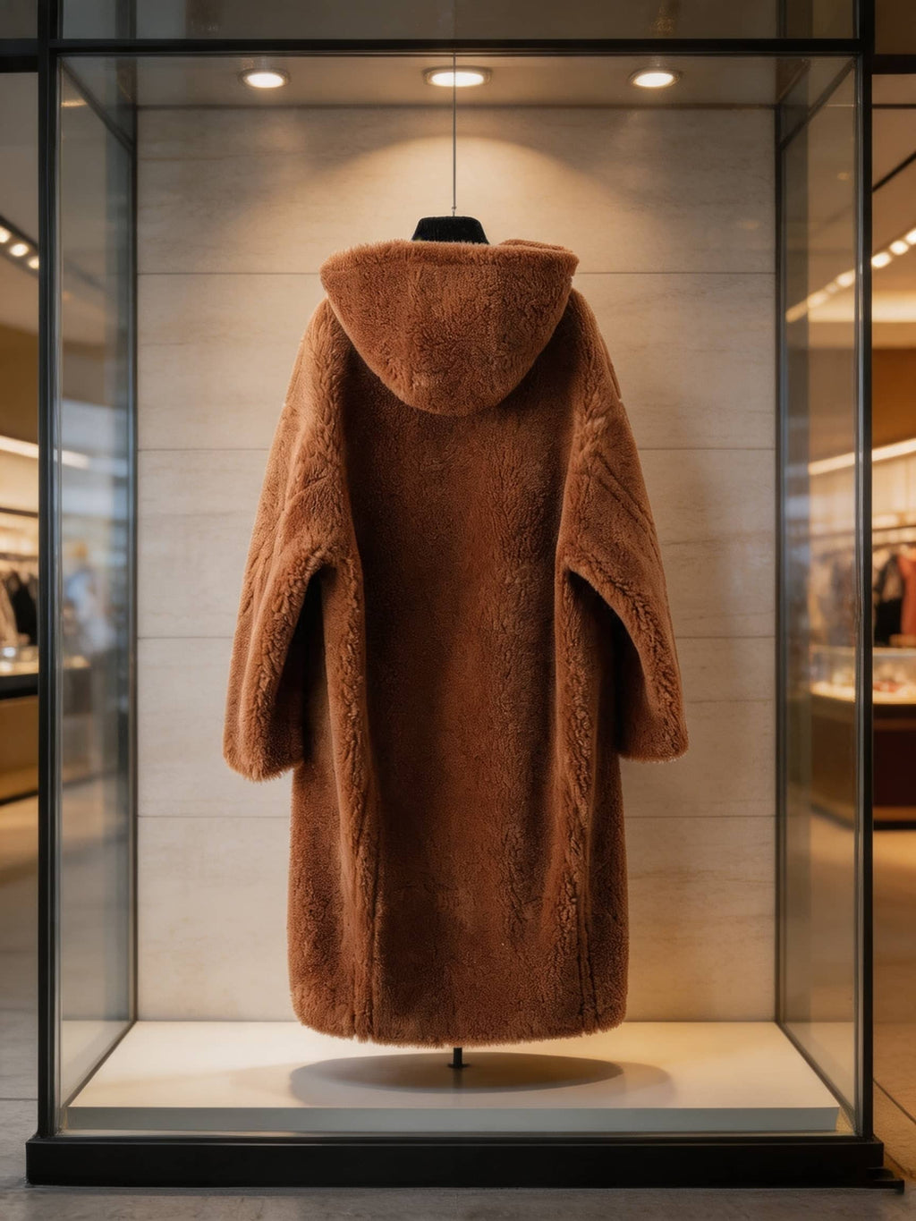 Back view of a brown long hooded shearling teddy coat displayed inside a luxury store window