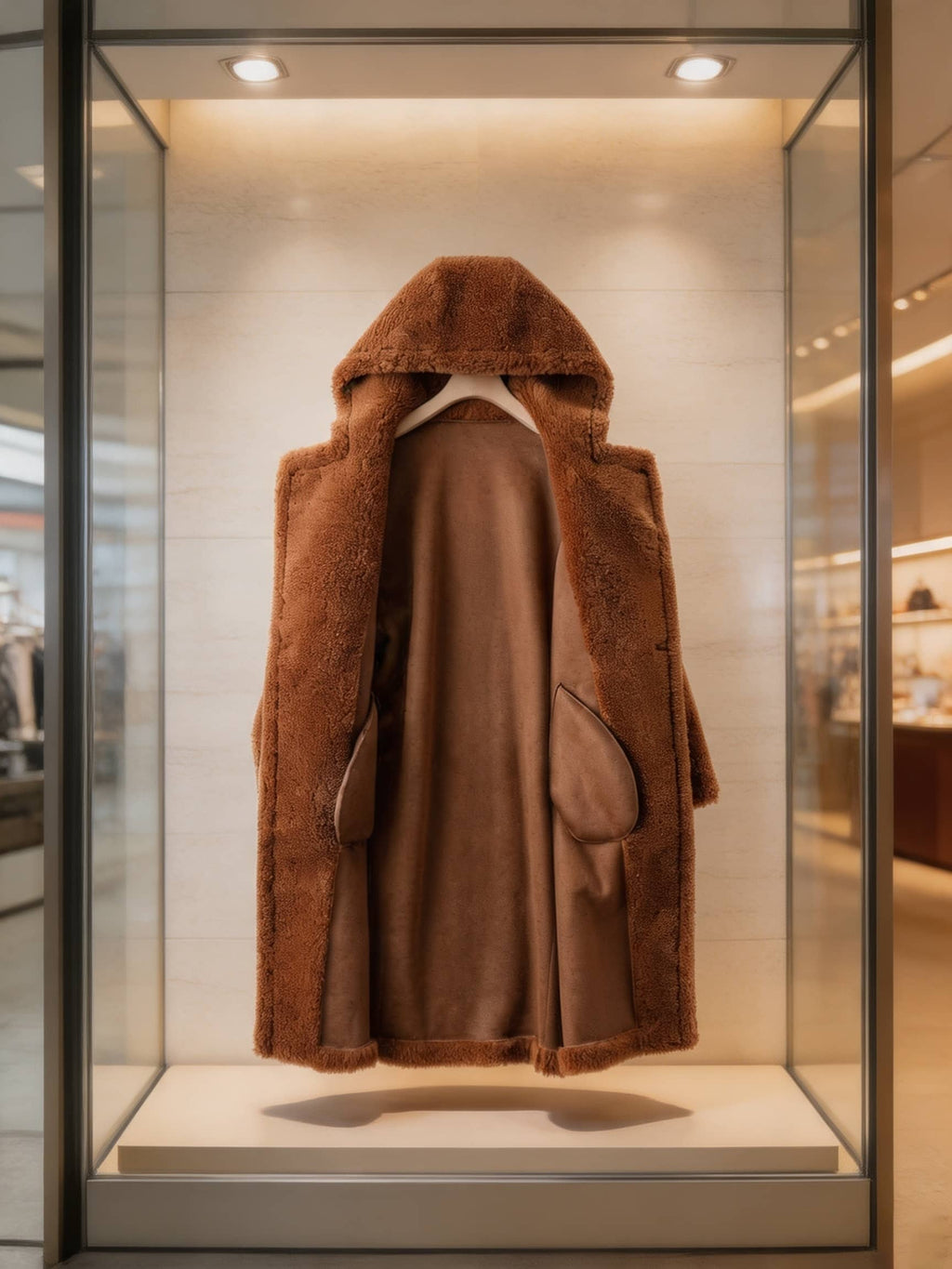 Inside lining and interior pockets view of an open brown long hooded shearling wool teddy coat on display