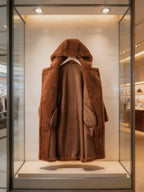 Inside lining and interior pockets view of an open brown long hooded shearling wool teddy coat on display
