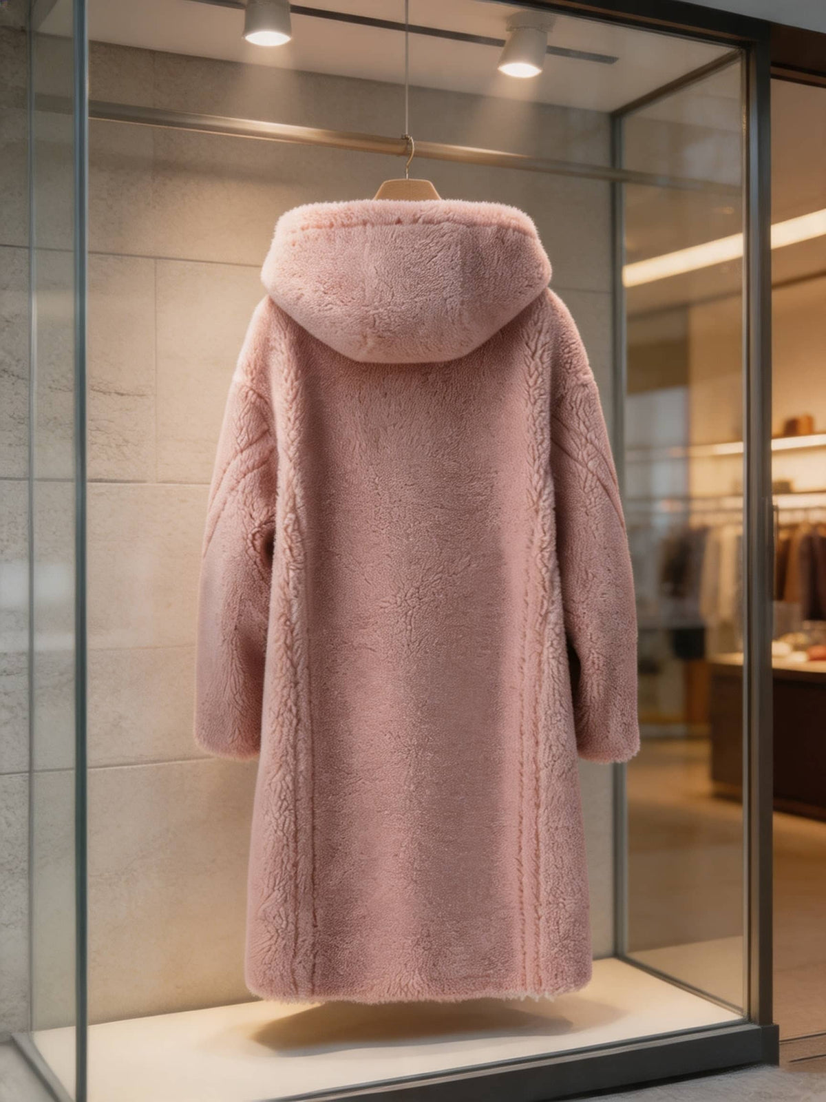 Back view display of a women's dusty pink hooded shearling long teddy coat hanging in a boutique window showcase.