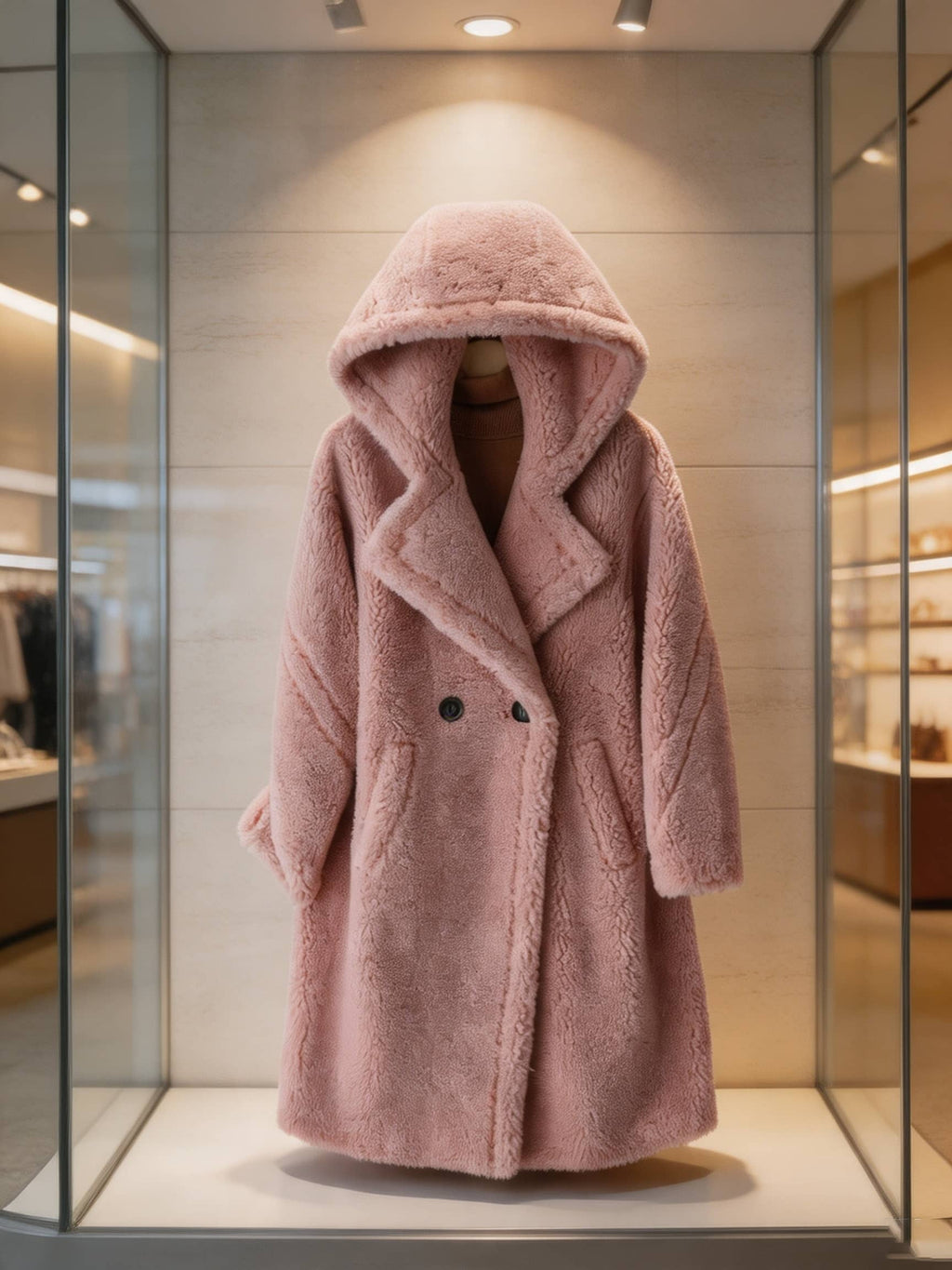 Front view product display of a women's dusty pink hooded double-breasted shearling long coat styled over a turtleneck sweater.