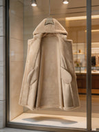 Interior suede lining detail of an open beige hooded shearling long teddy coat hanging in a retail display window.