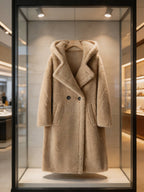 Front view product display of a beige double-breasted hooded wool shearling long teddy coat hanging on a boutique glass stand.