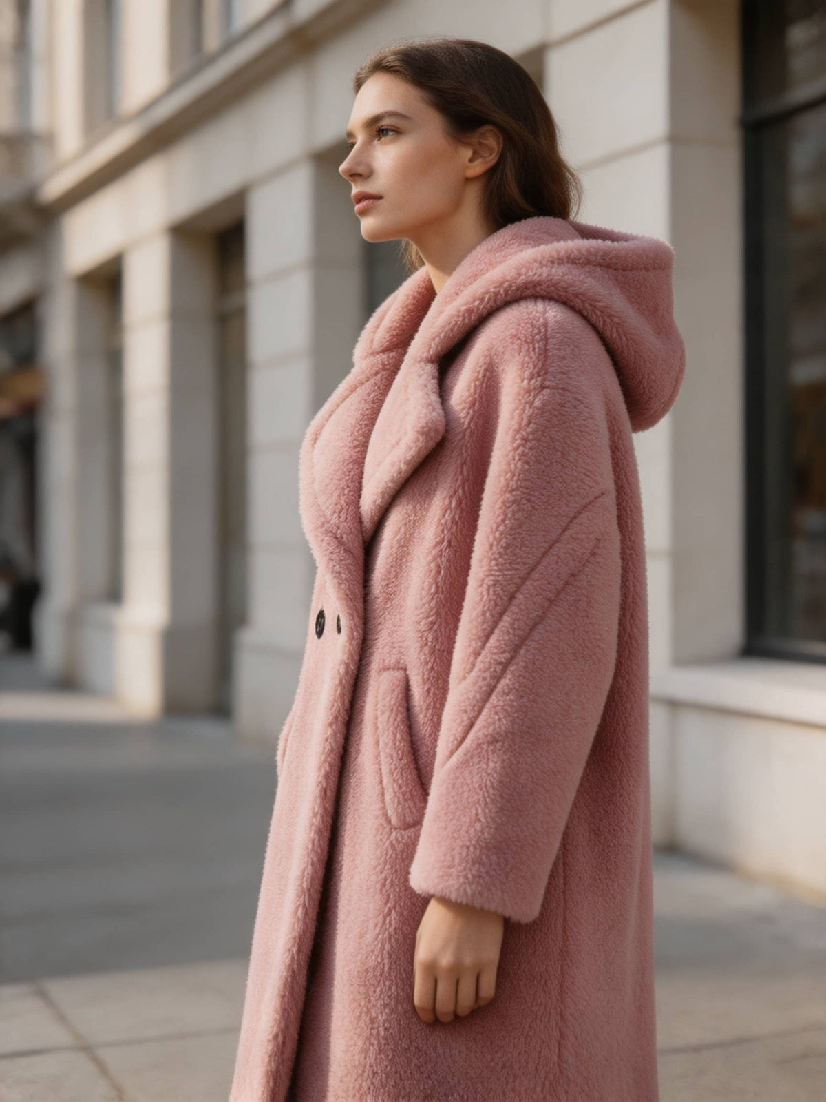 Side profile shot of a model wearing a blush pink hooded double-breasted wool shearling long teddy coat outdoors.