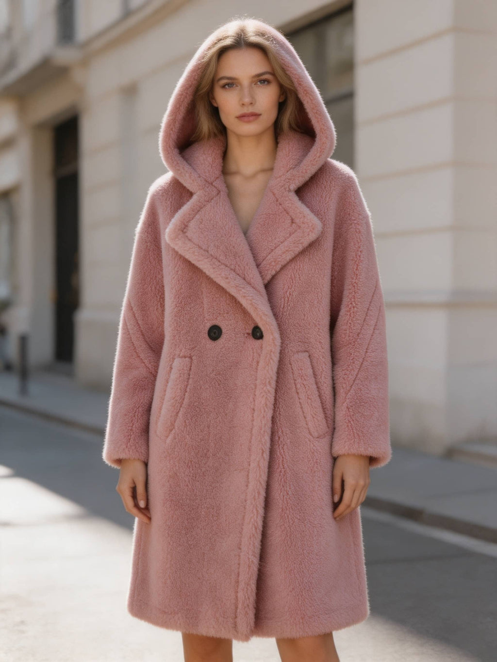 Front view portrait of a woman wearing a dusty pink hooded double-breasted plush shearling wool long coat.