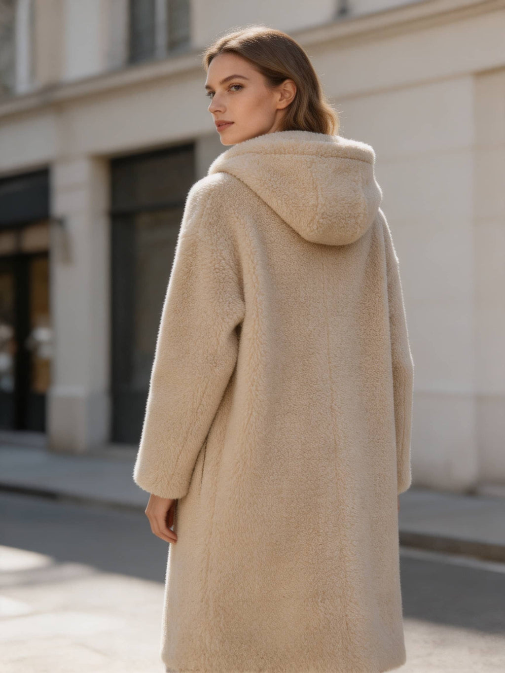 Rear over-the-shoulder view of a model in a warm beige hooded shearling teddy coat on a sidewalk.