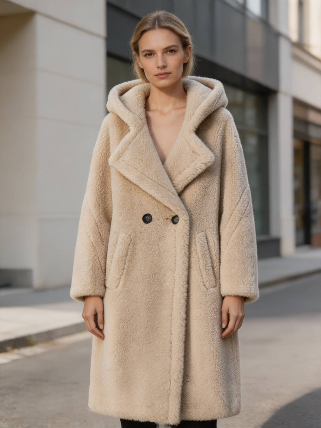 Full-length front view of a woman styled in a classic beige hooded double-breasted shearling long teddy coat outdoors.