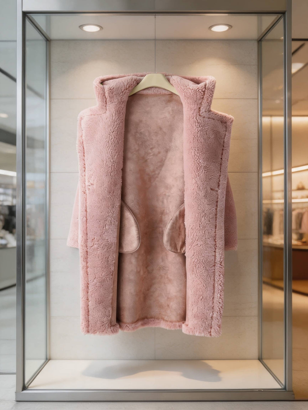 Interior suede lining and plush trim detail of an open pink hooded wool shearling long coat on a retail display hanger.