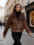 Shearling Faux Leather Aviator Jacket with Fur Trim & Lining