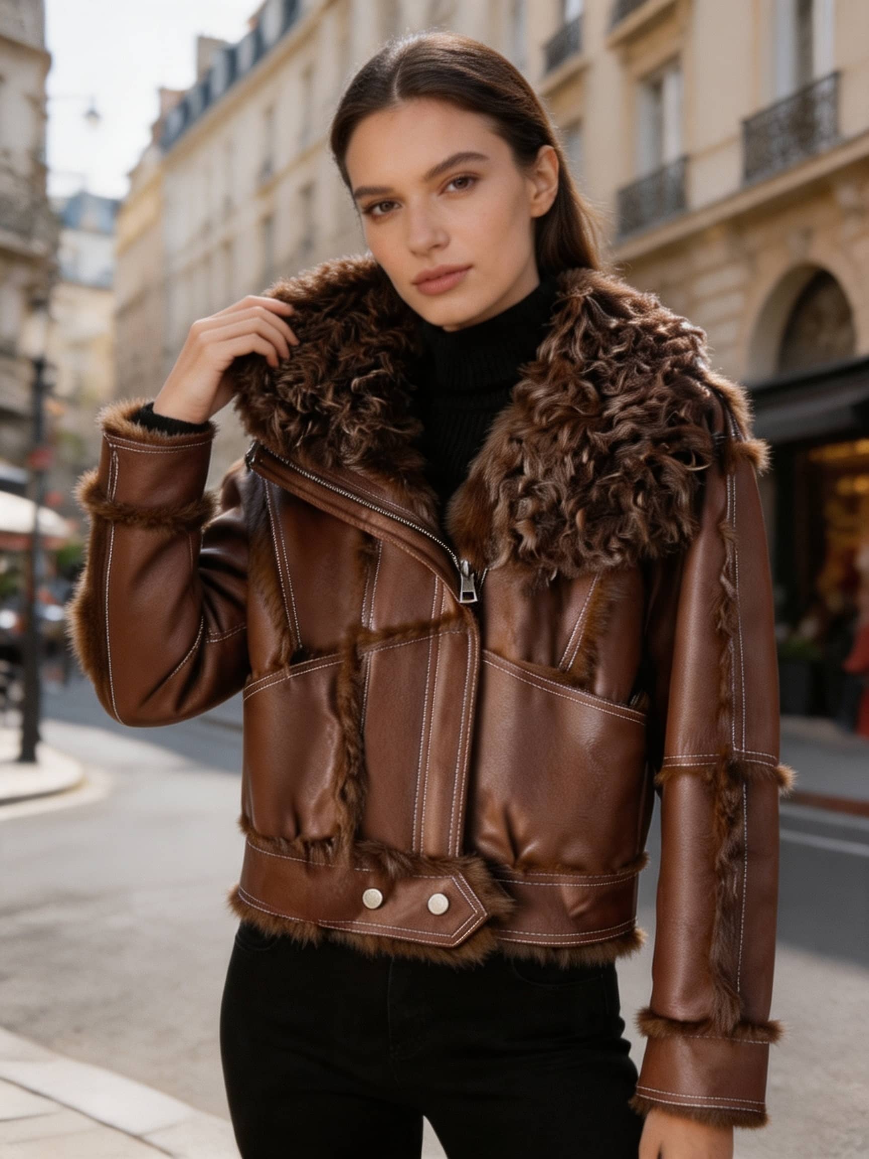 Shearling Faux Leather Aviator Jacket with Fur Trim & Lining
