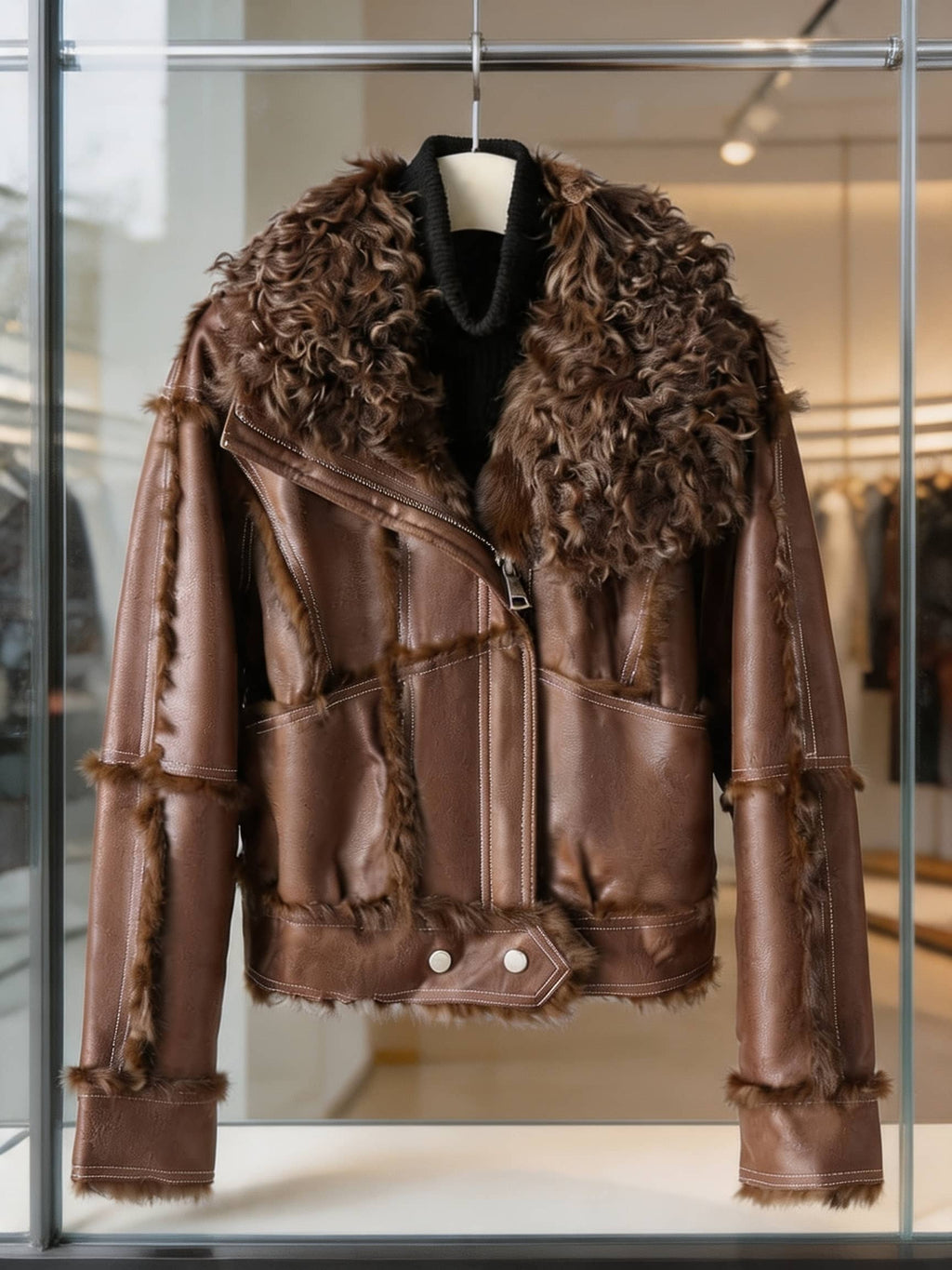 Shearling Faux Leather Aviator Jacket with Fur Trim & Lining