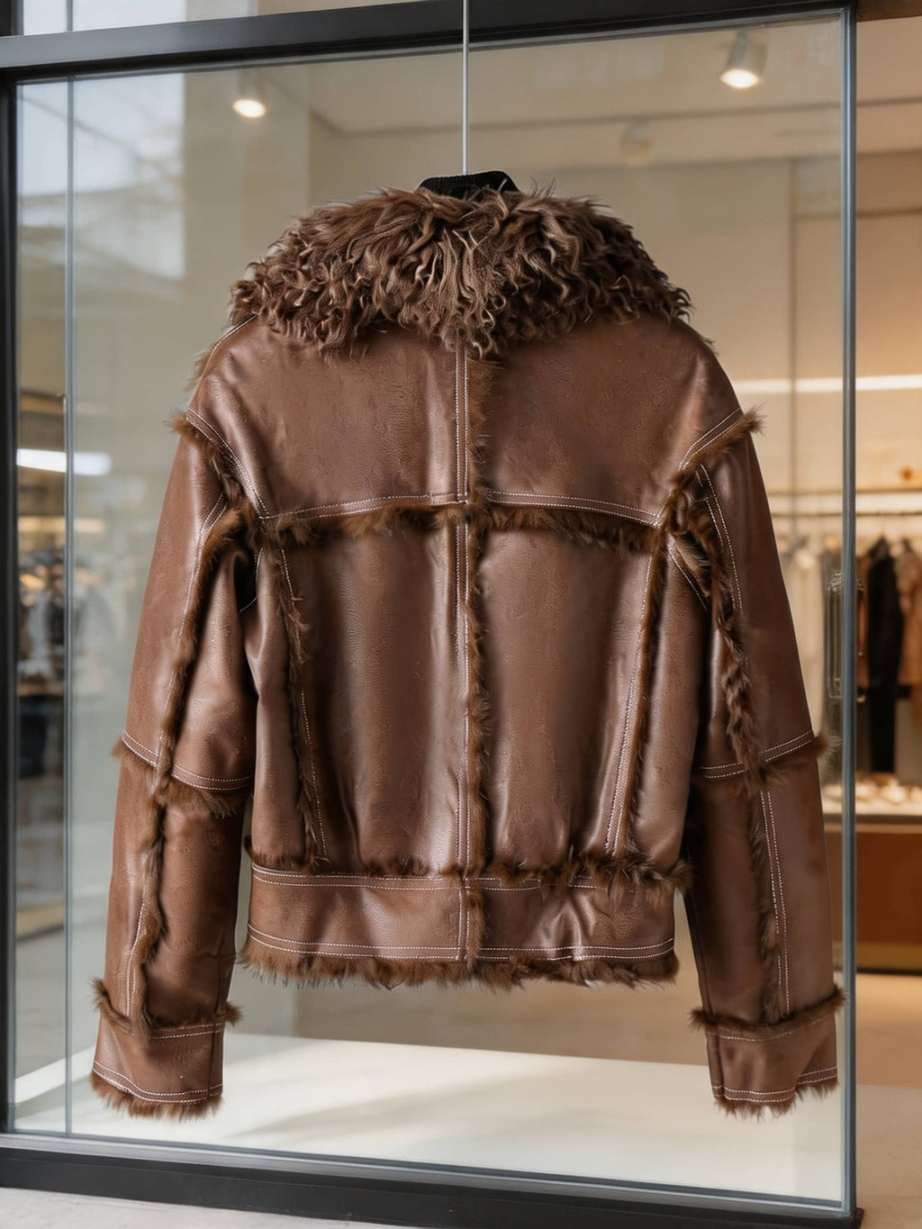 Shearling Faux Leather Aviator Jacket with Fur Trim & Lining
