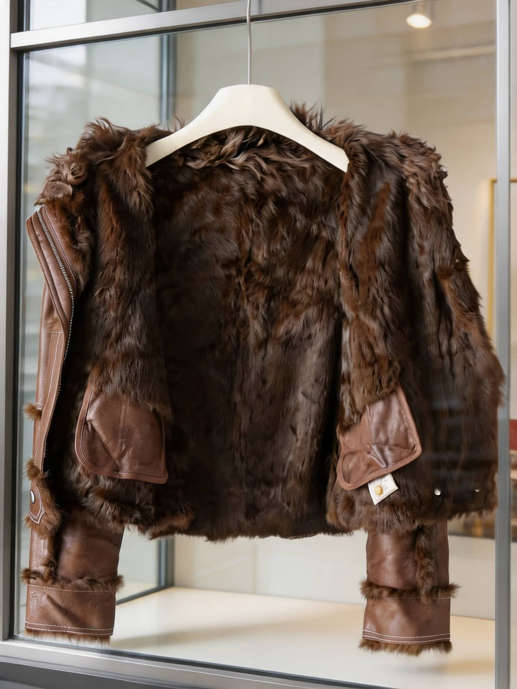 Shearling Faux Leather Aviator Jacket with Fur Trim & Lining