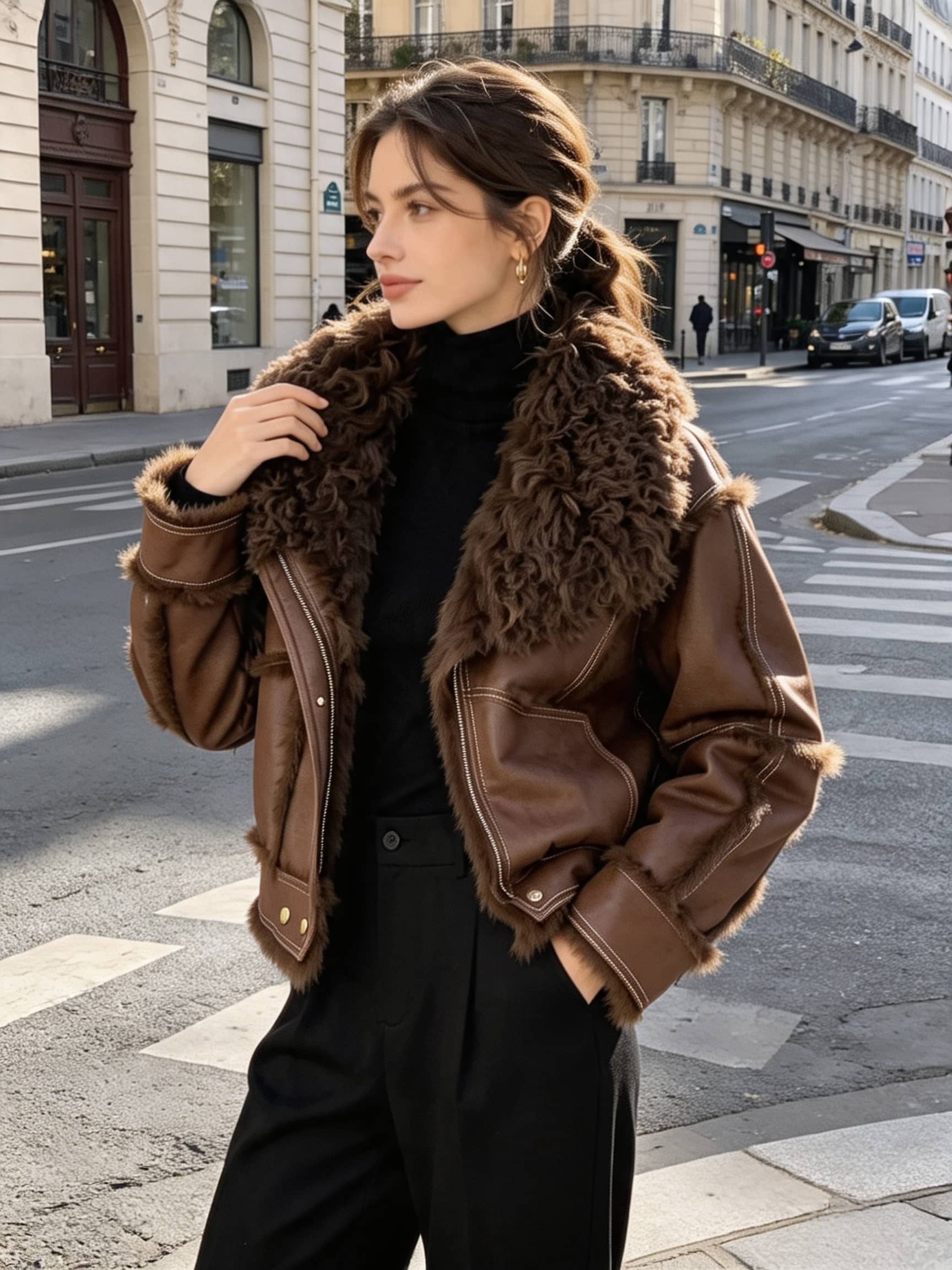 Shearling Faux Leather Aviator Jacket with Fur Trim & Lining