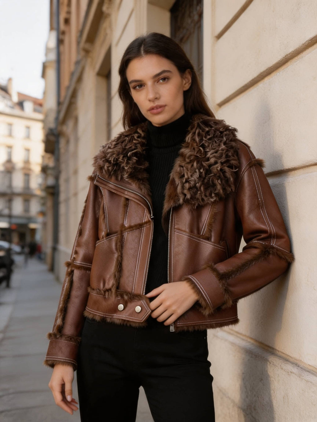 Shearling Faux Leather Aviator Jacket with Fur Trim & Lining
