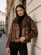 Shearling Faux Leather Aviator Jacket with Fur Trim & Lining