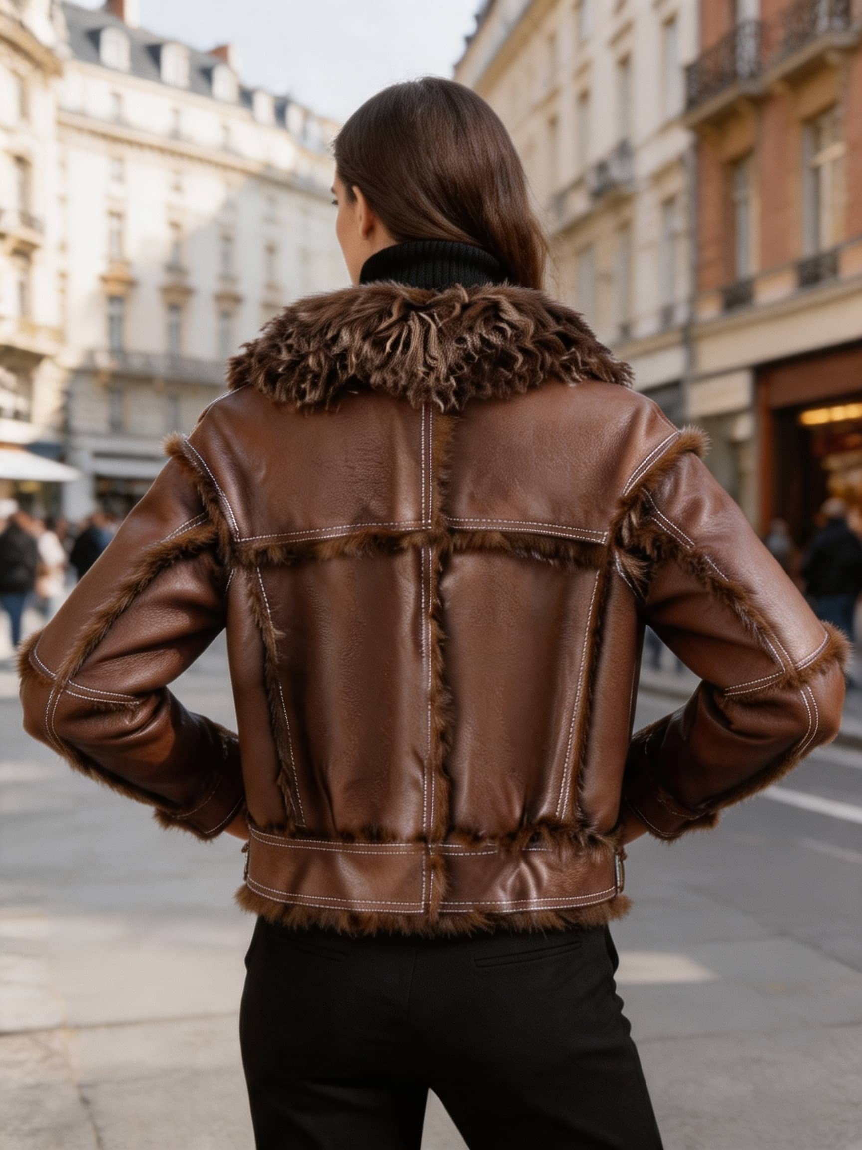 Shearling Faux Leather Aviator Jacket with Fur Trim & Lining