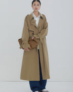Minimalist women's camel trench coat worn open with white shirt and wide-leg denim jeans.
