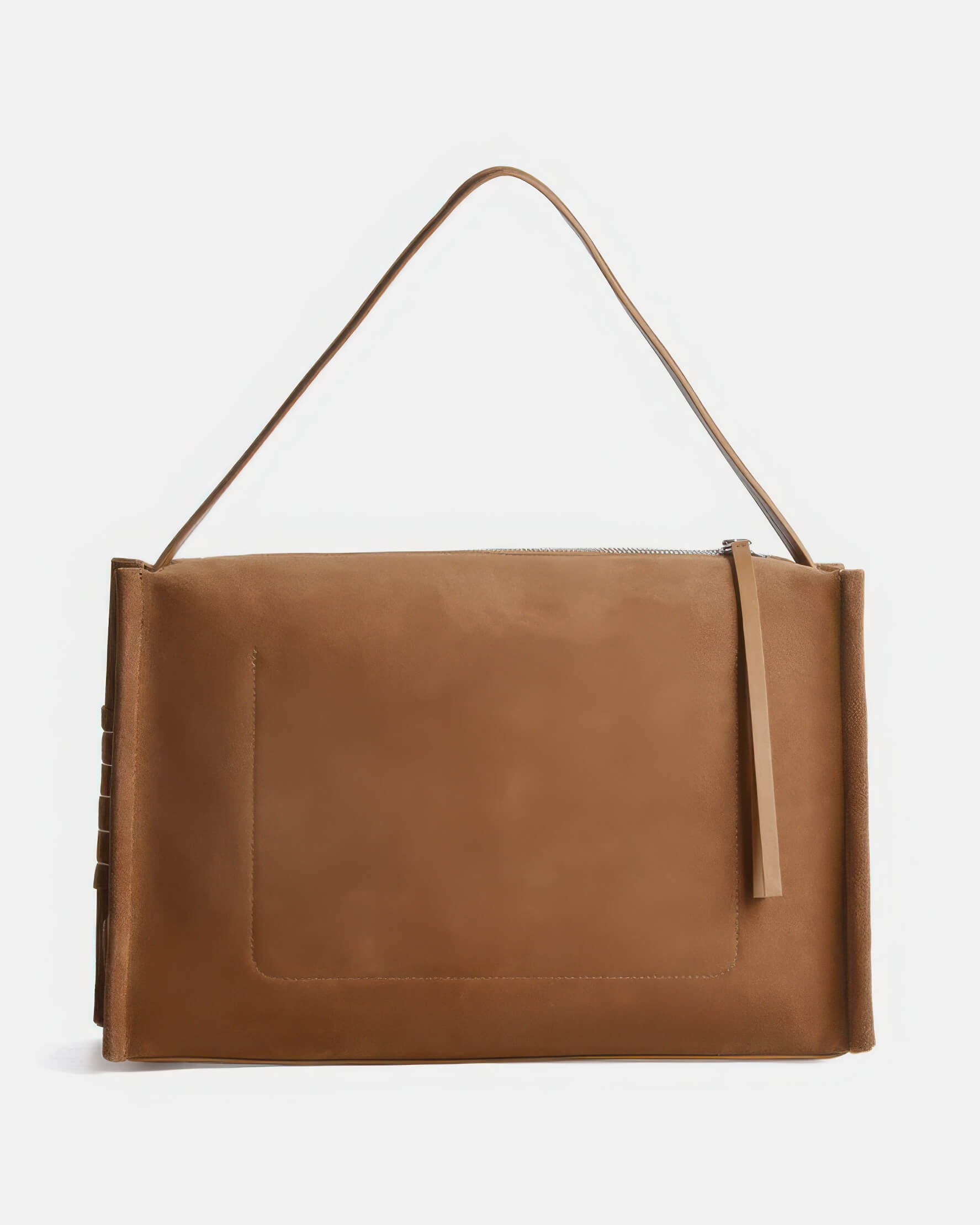 Back view of the large suede shoulder bag, showing the smooth, high-quality suede finish and clean rectangular shape.