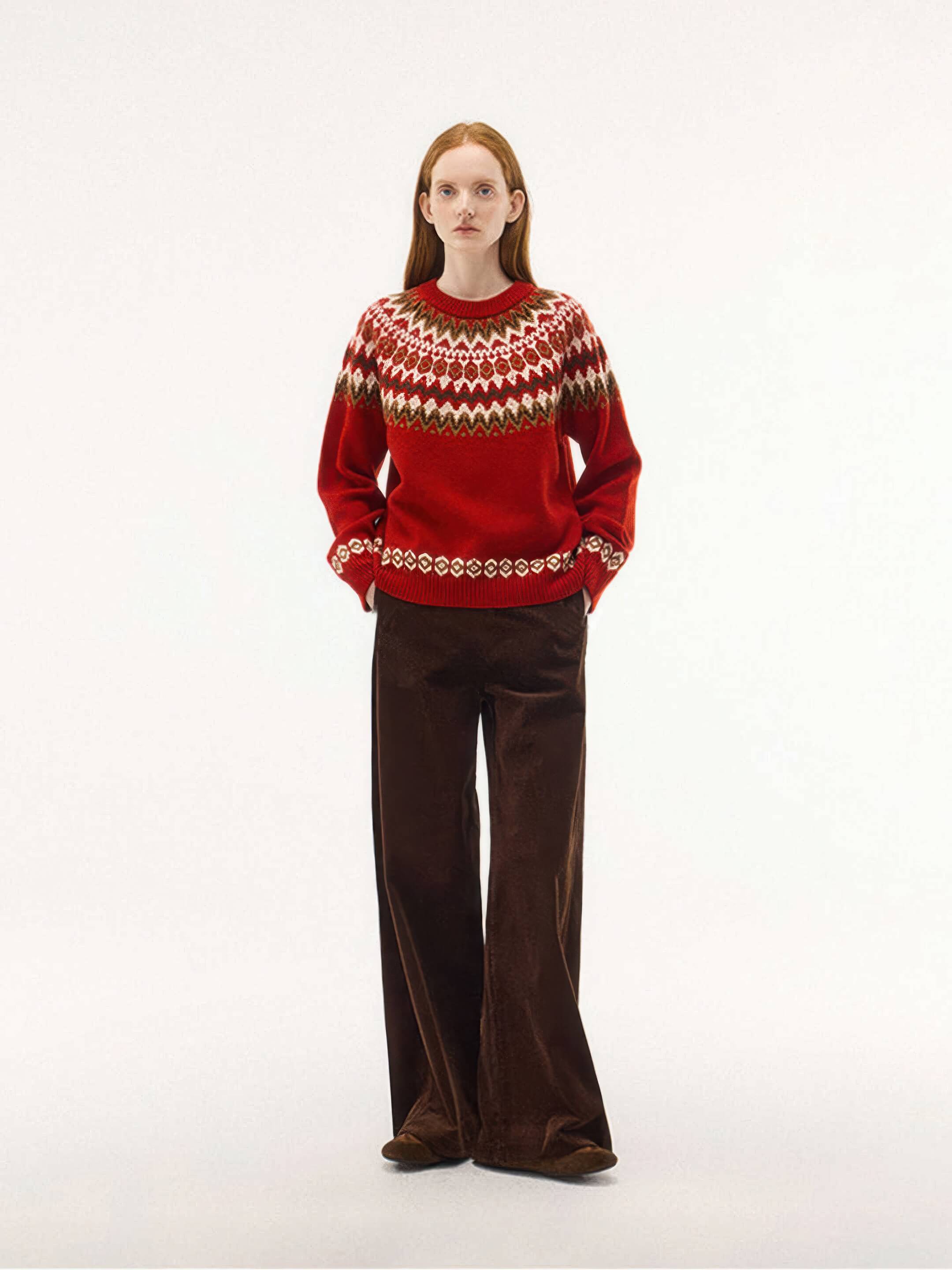 A full-length studio shot of the red Nordic knit sweater. The model has her hands in the pockets of her wide-leg brown corduroy pants, emphasizing a warm, autumnal aesthetic.