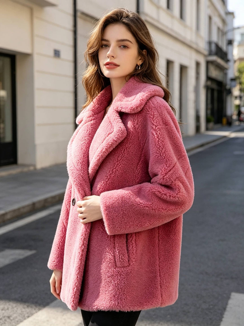 Three-quarter front portrait of a model wearing a dusty pink double-breasted shearling wool pea coat outdoors