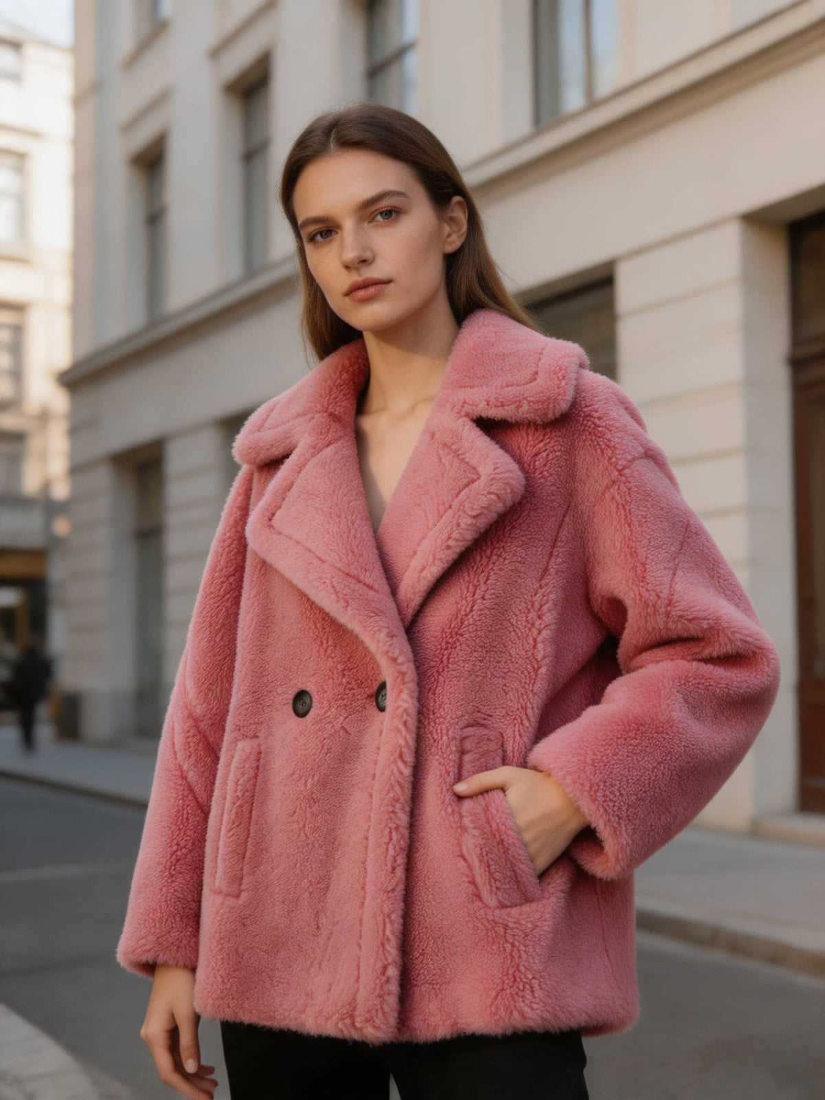 Model wearing a dusty pink shearling wool pea coat standing outdoors with one hand in her pocket