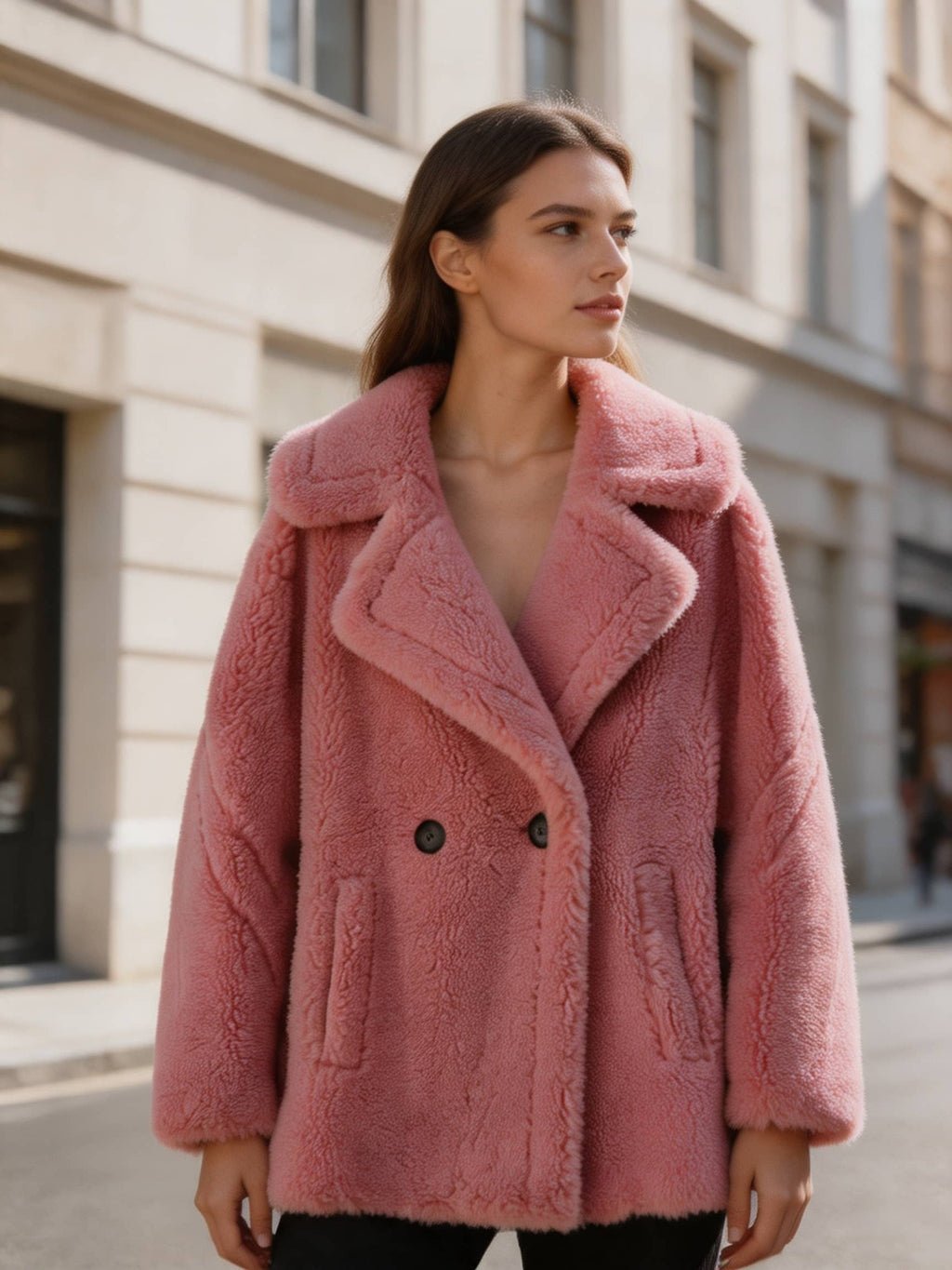 Medium shot of a model wearing a dusty pink double-breasted shearling pea coat with wide lapels