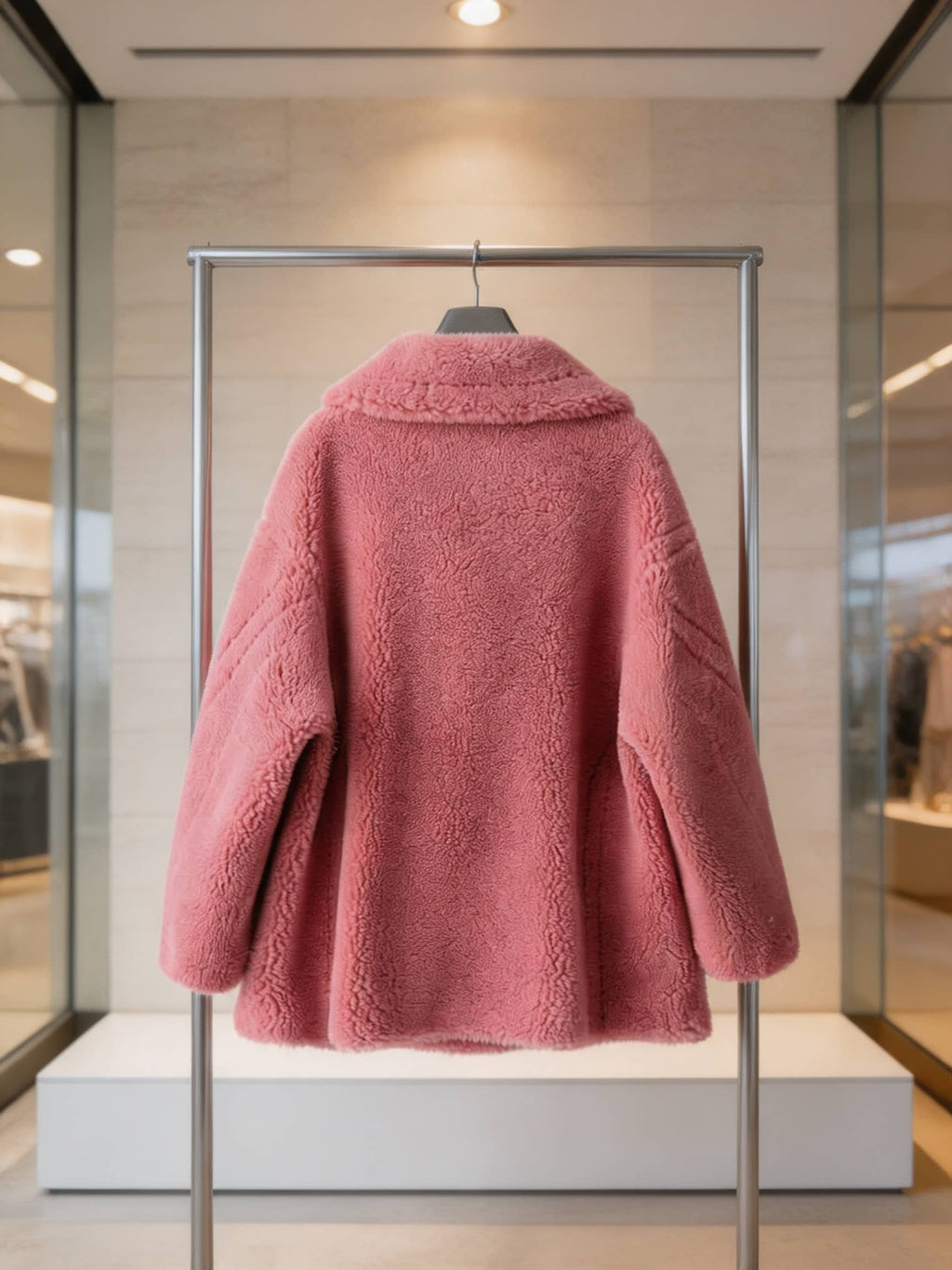 Back view of a dusty pink shearling wool pea coat with wide collar on a display rack