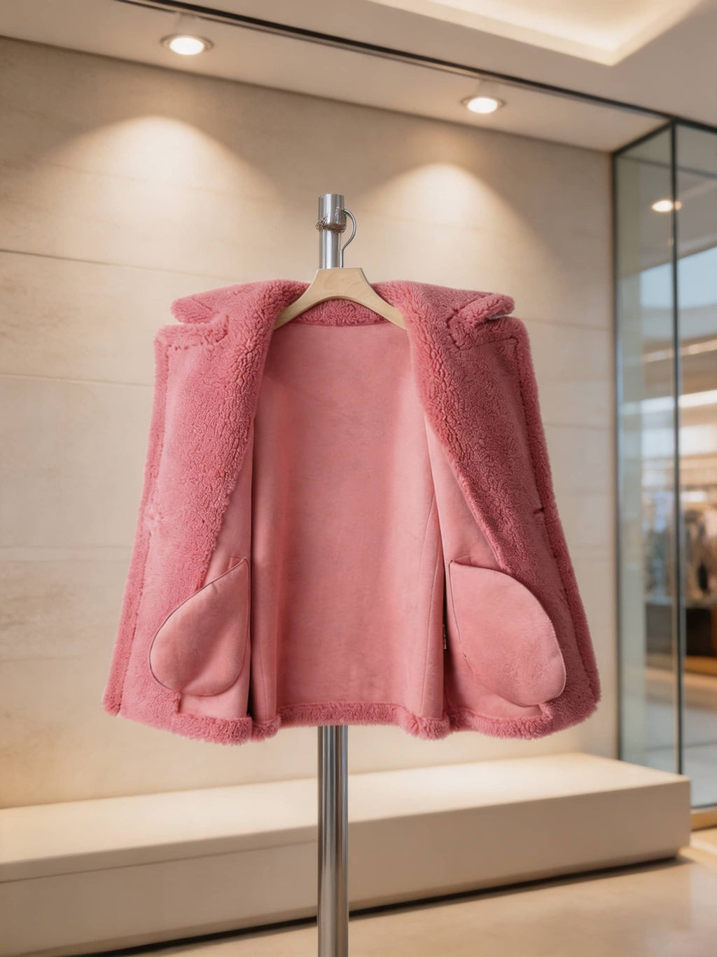 Inside lining and interior pockets view of an open dusty pink shearling pea coat on a stand