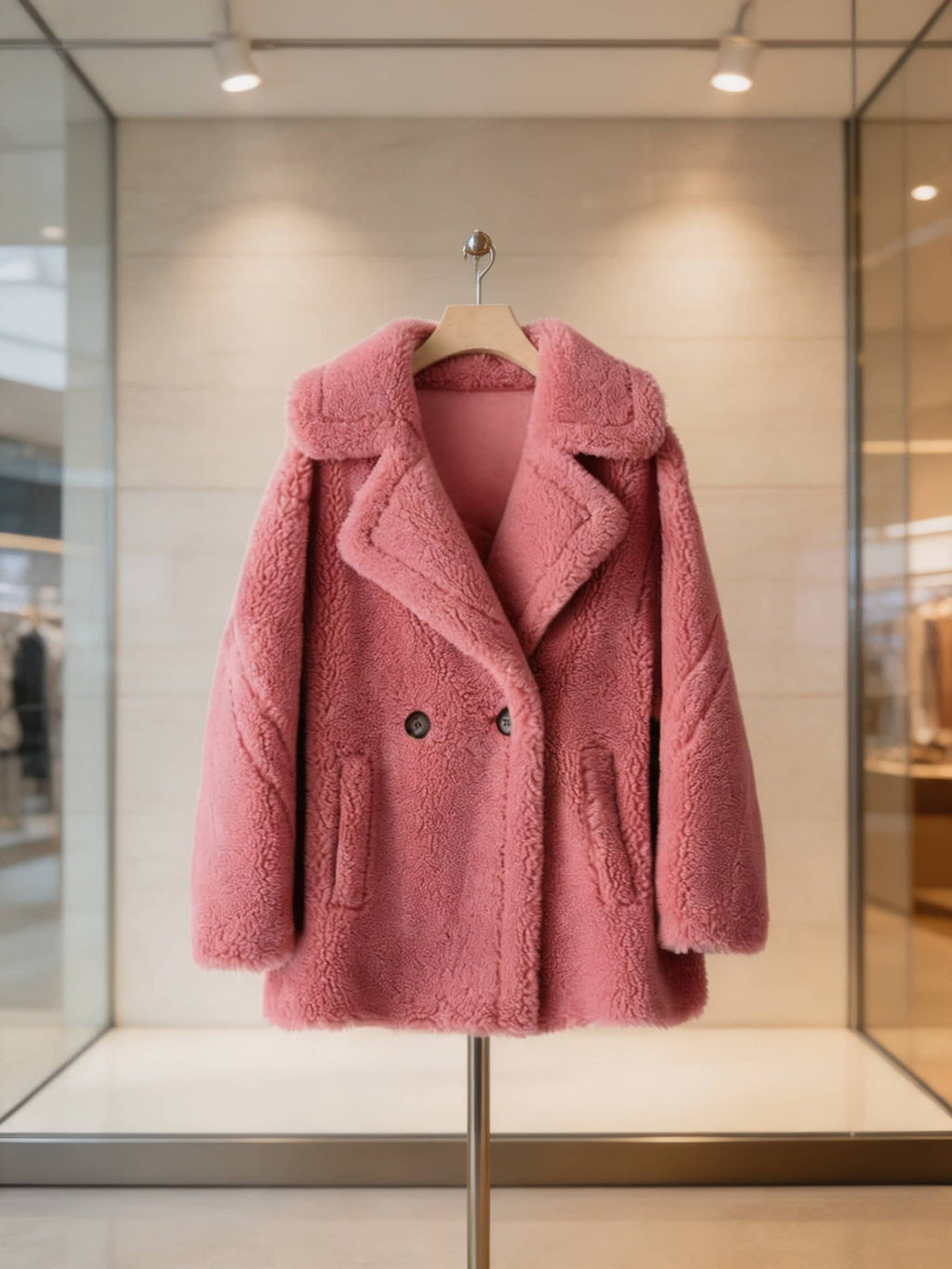 Front view of a dusty pink double-breasted shearling wool pea coat displayed on a hanger in a boutique showcase