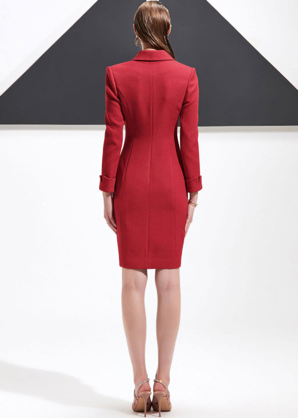 Another back view of the red shawl lapel blazer dress, emphasizing the silhouette and hemline.