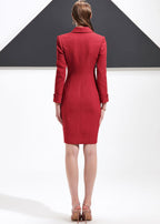 Another back view of the red shawl lapel blazer dress, emphasizing the silhouette and hemline.
