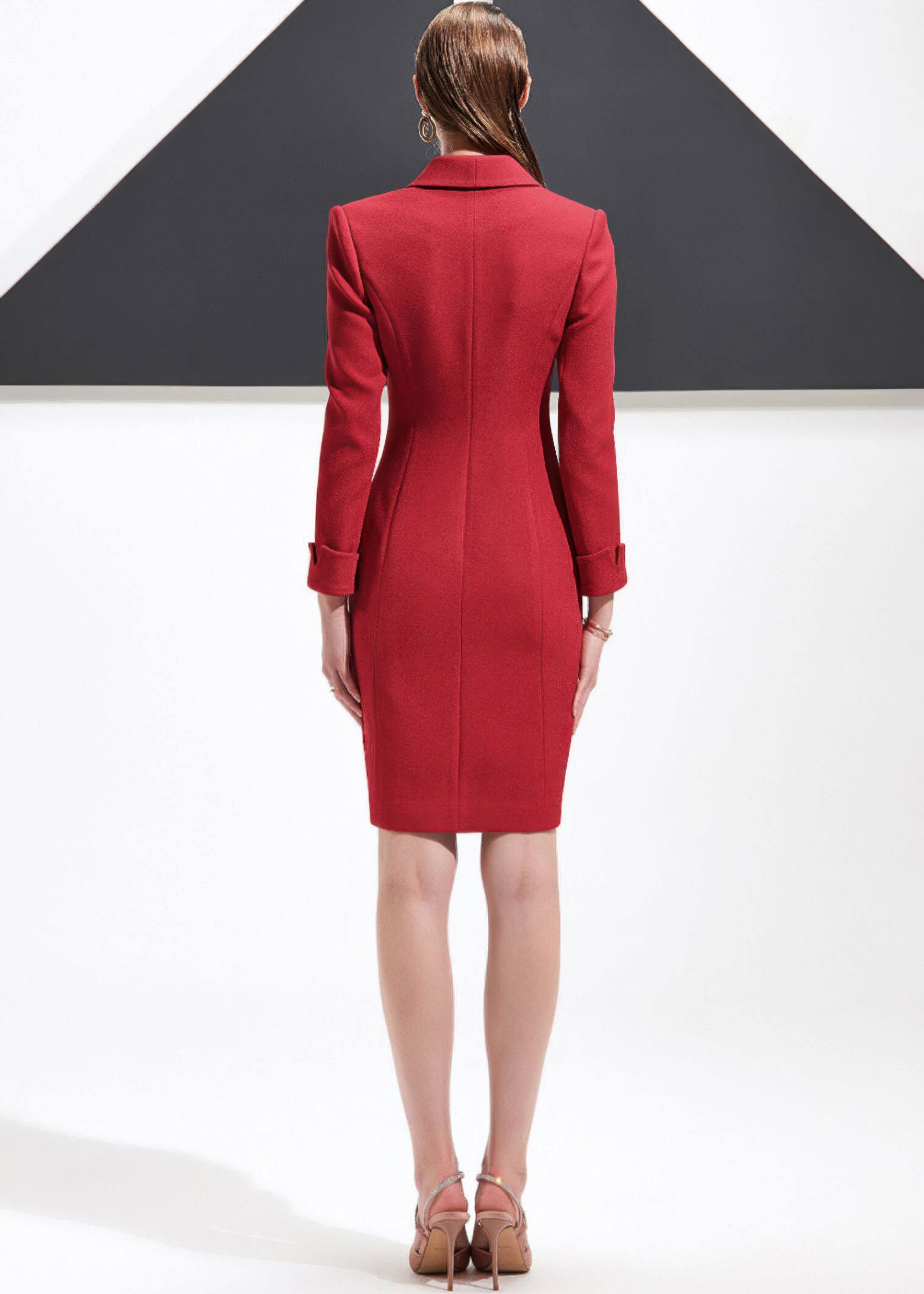 Another back view of the red shawl lapel blazer dress, emphasizing the silhouette and hemline.