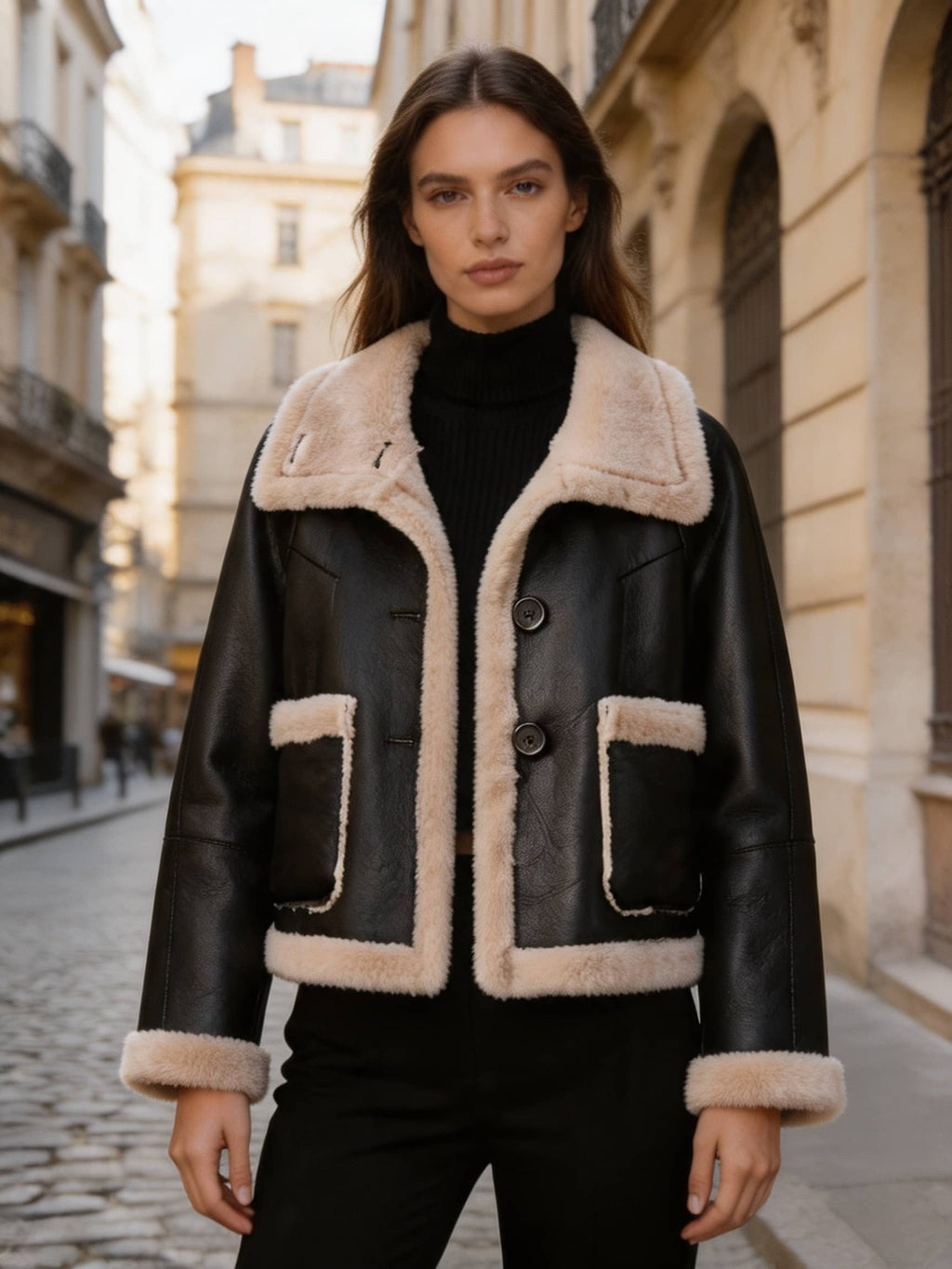 Front view of a women's black leather shearling-trimmed jacket paired with a black turtleneck