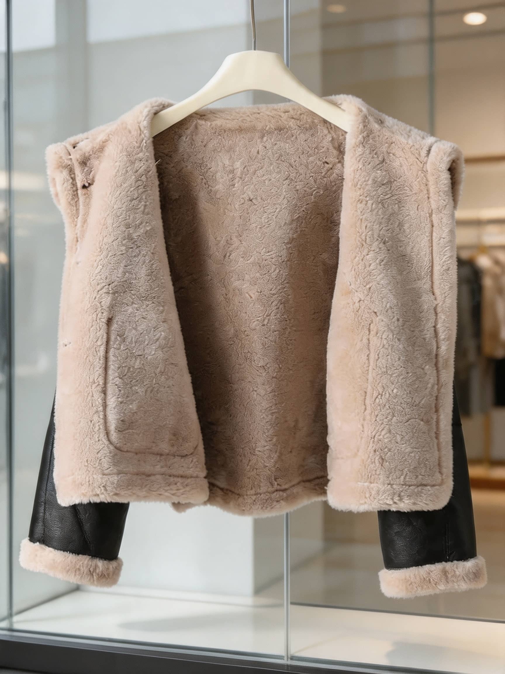 Soft plush shearling lining detail inside a women's black leather aviator jacket