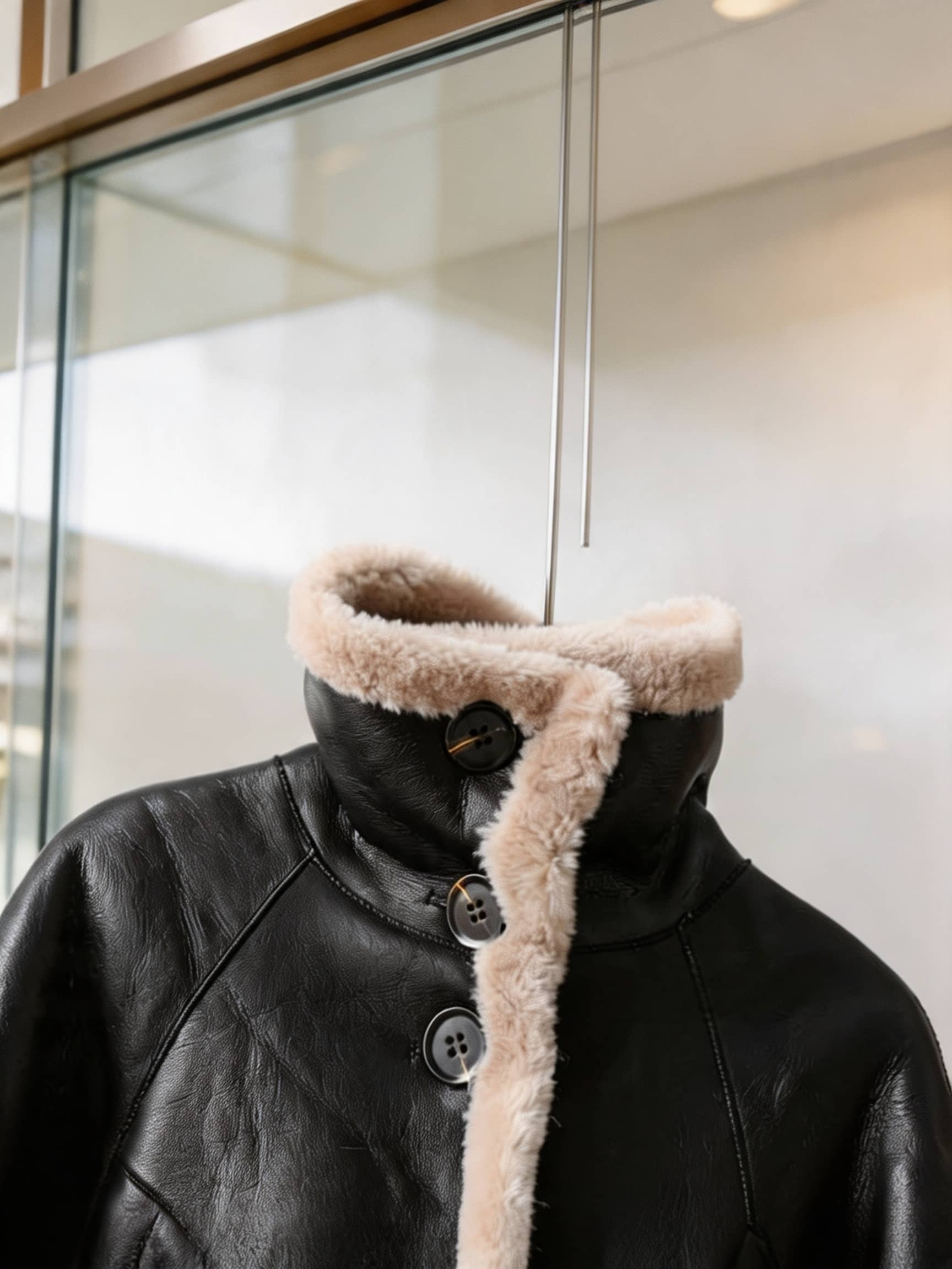 Close-up detail of the button closure and plush fur collar on a women's black leather winter coat