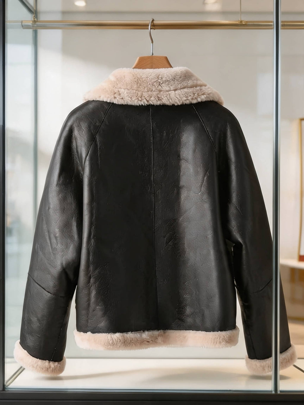 Back view of a women's black leather aviator jacket with plush beige shearling trim on hanger