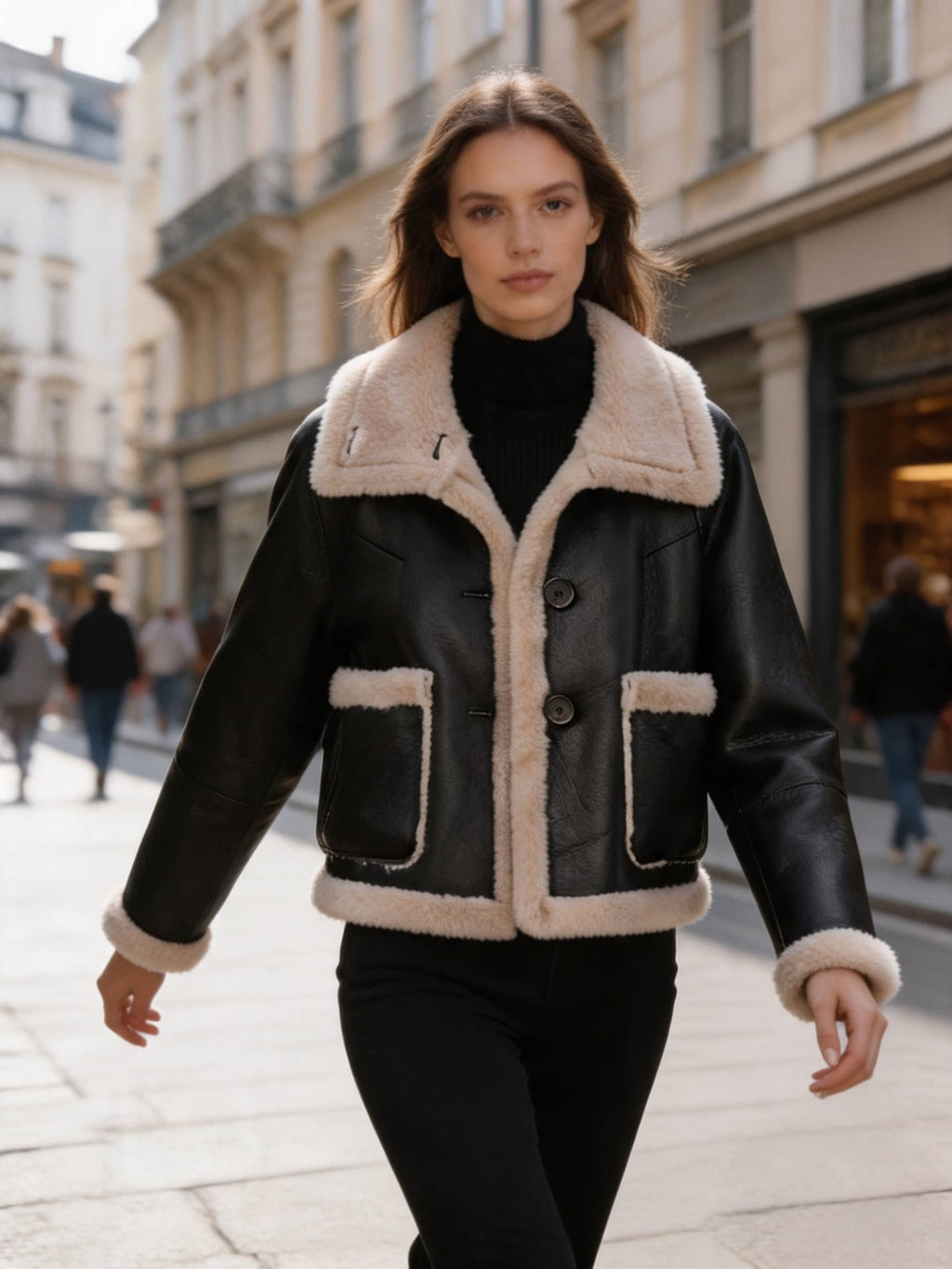 Woman walking down a city street wearing a cropped black leather aviator jacket with plush fleece lining