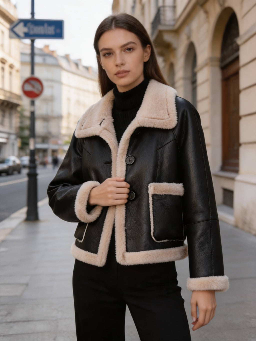 Medium shot of a model wearing a button-front black leather jacket with beige shearling lapel and pockets