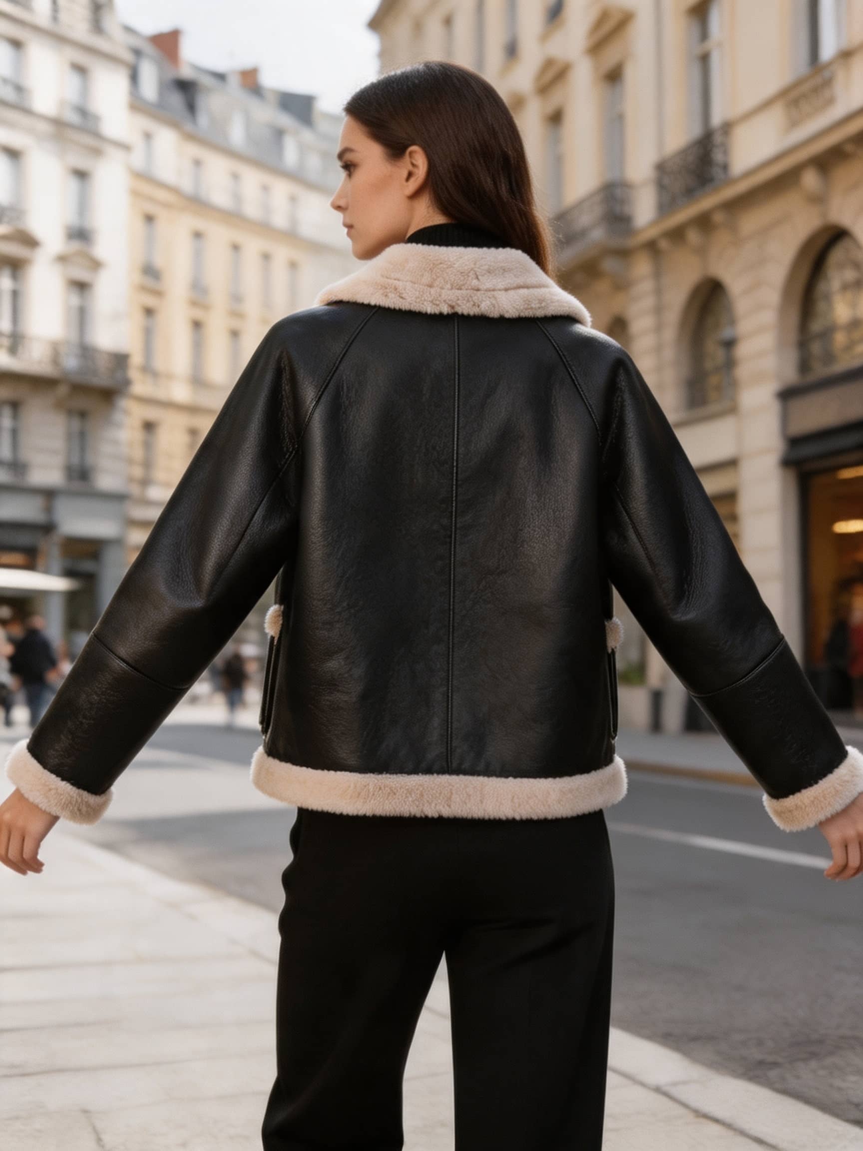 Back view showing the fit and seam details of a women's black leather coat with shearling trim