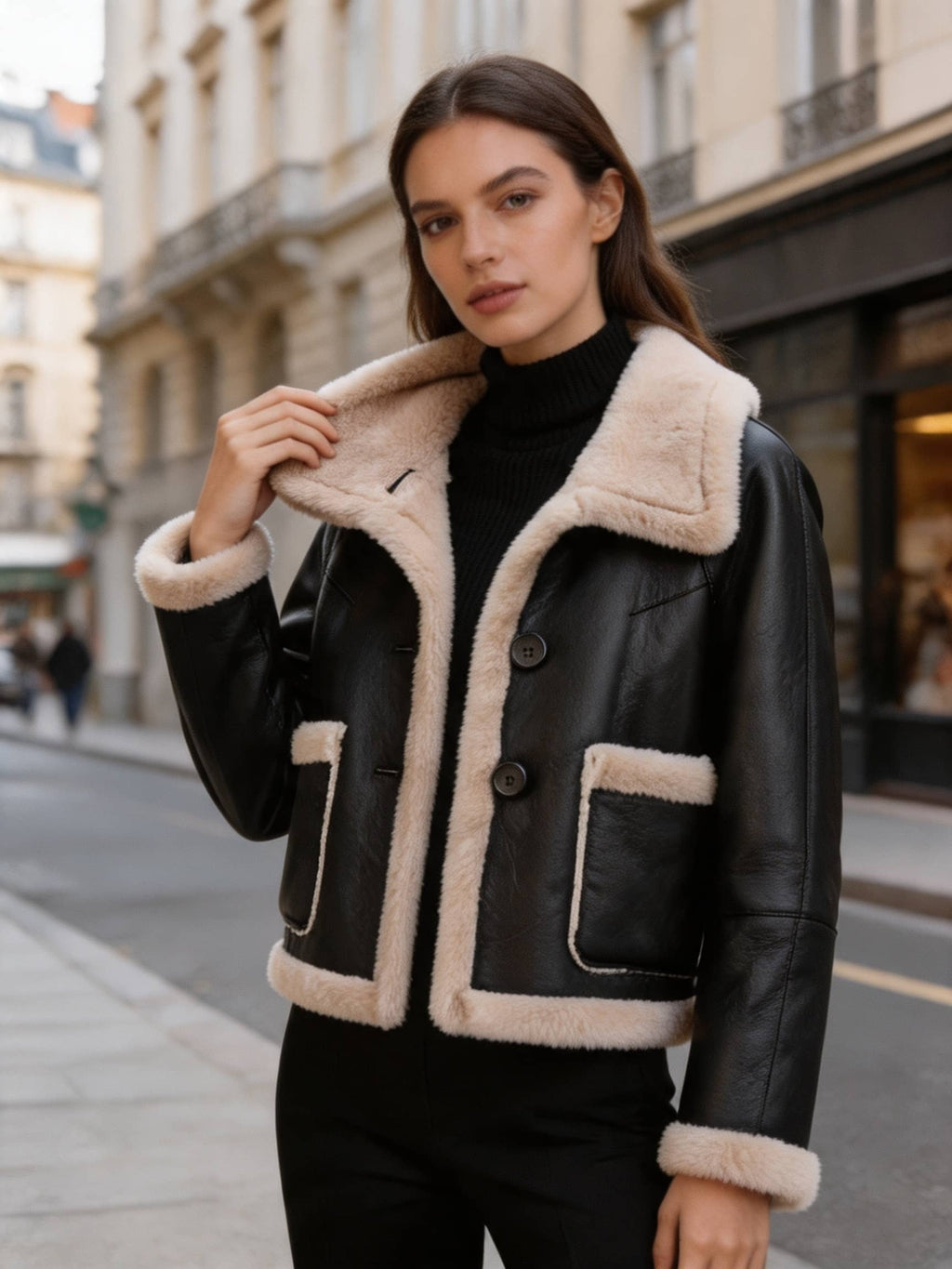 Close-up of a model holding the collar of a black faux leather aviator jacket with soft shearling details