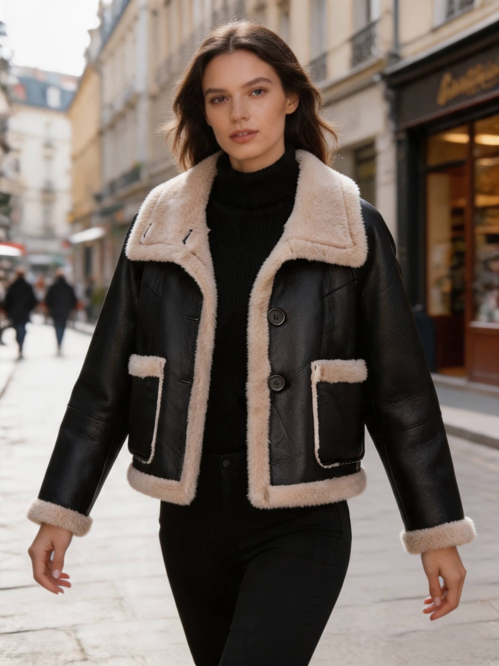 Model walking outdoors wearing a stylish cropped black leather jacket featuring contrast fur trim