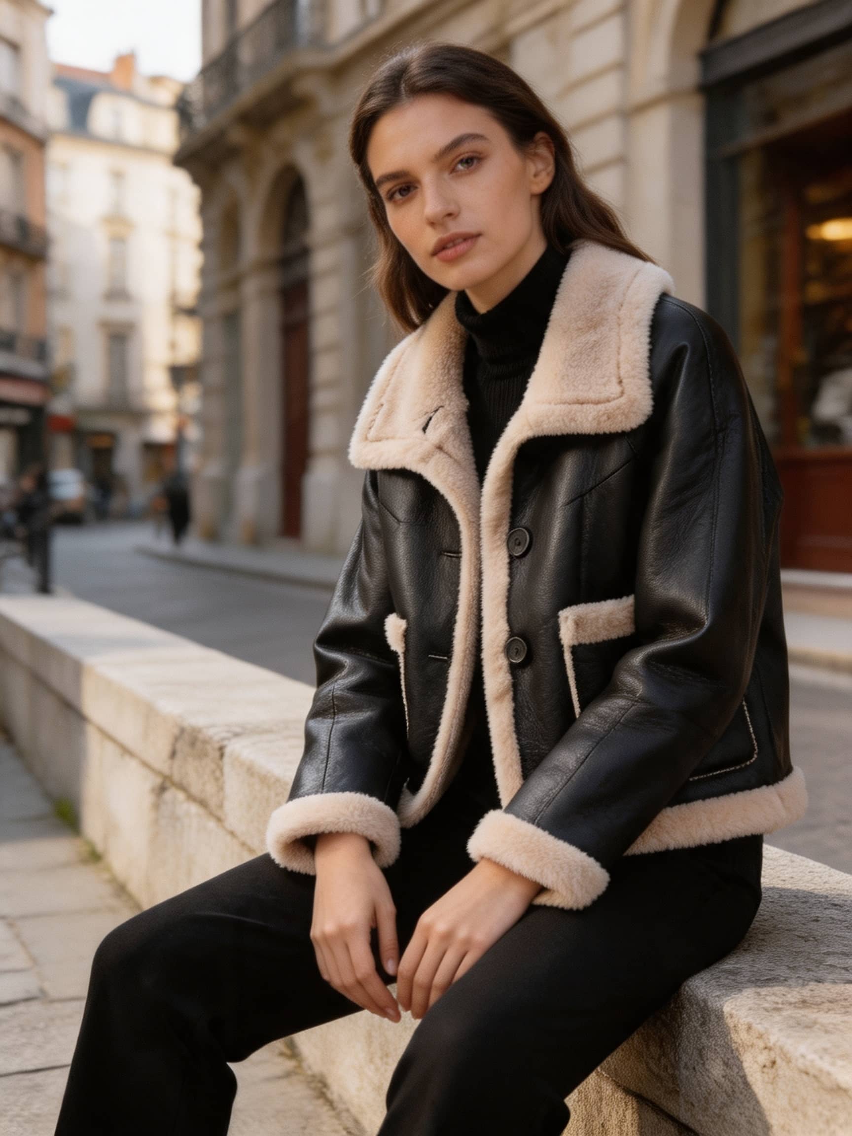 Woman sitting outdoors in a black shearling-lined leather jacket and black trousers