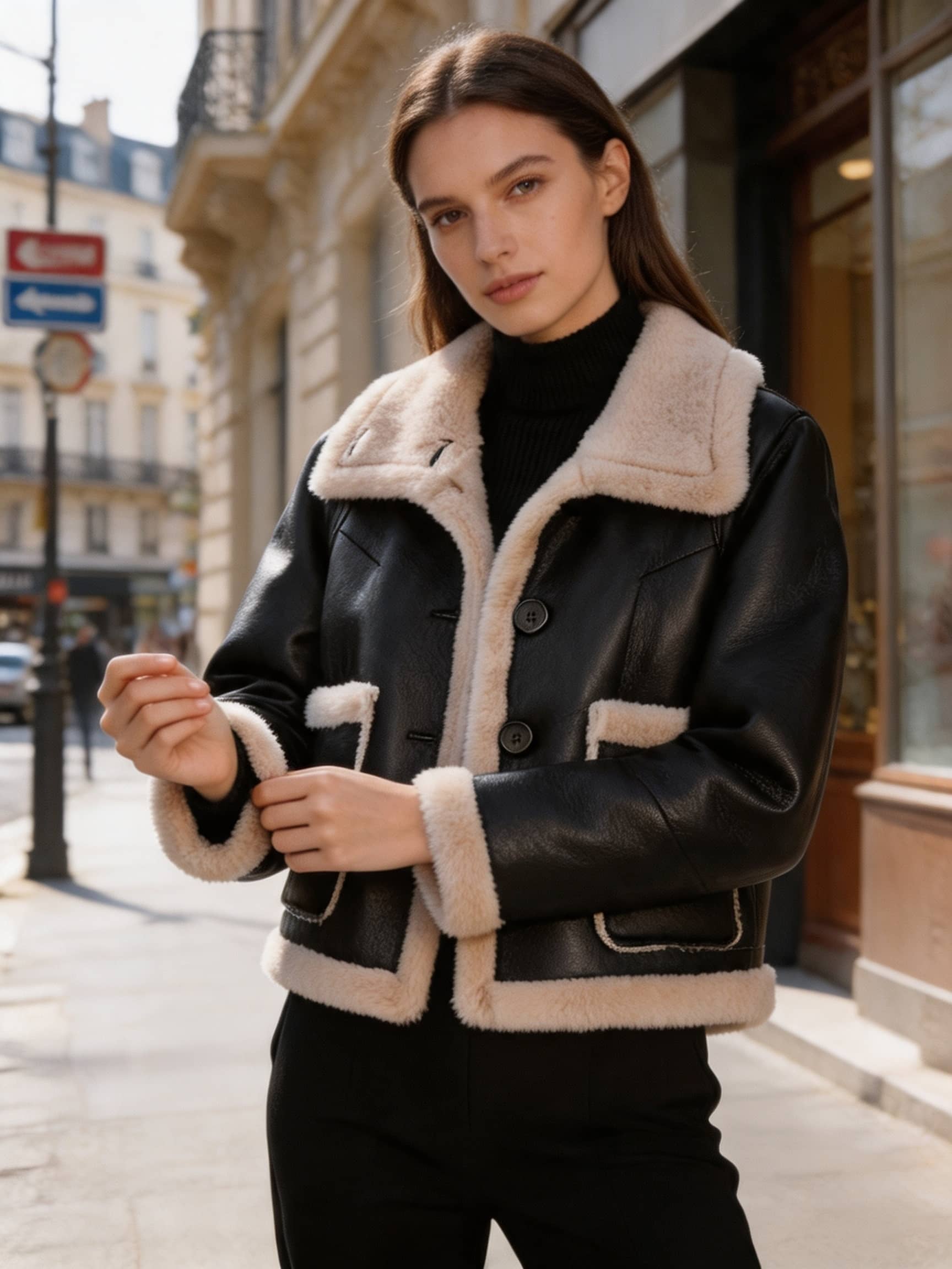 Model adjusting the cuffs of a black leather aviator jacket with warm cream shearling trim