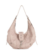 Studio product shot of dusty pink soft faux leather crescent hobo shoulder bag featuring star metal rivets on white background