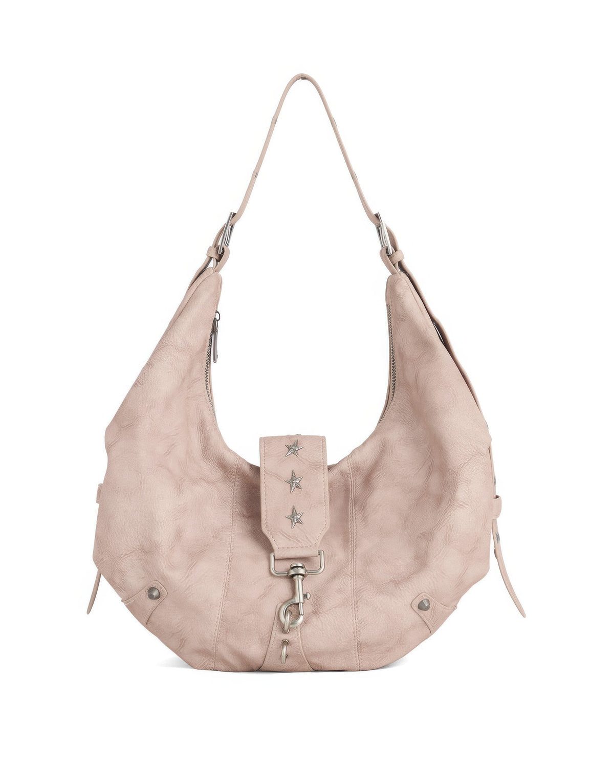 Studio product shot of dusty pink soft faux leather crescent hobo shoulder bag featuring star metal rivets on white background