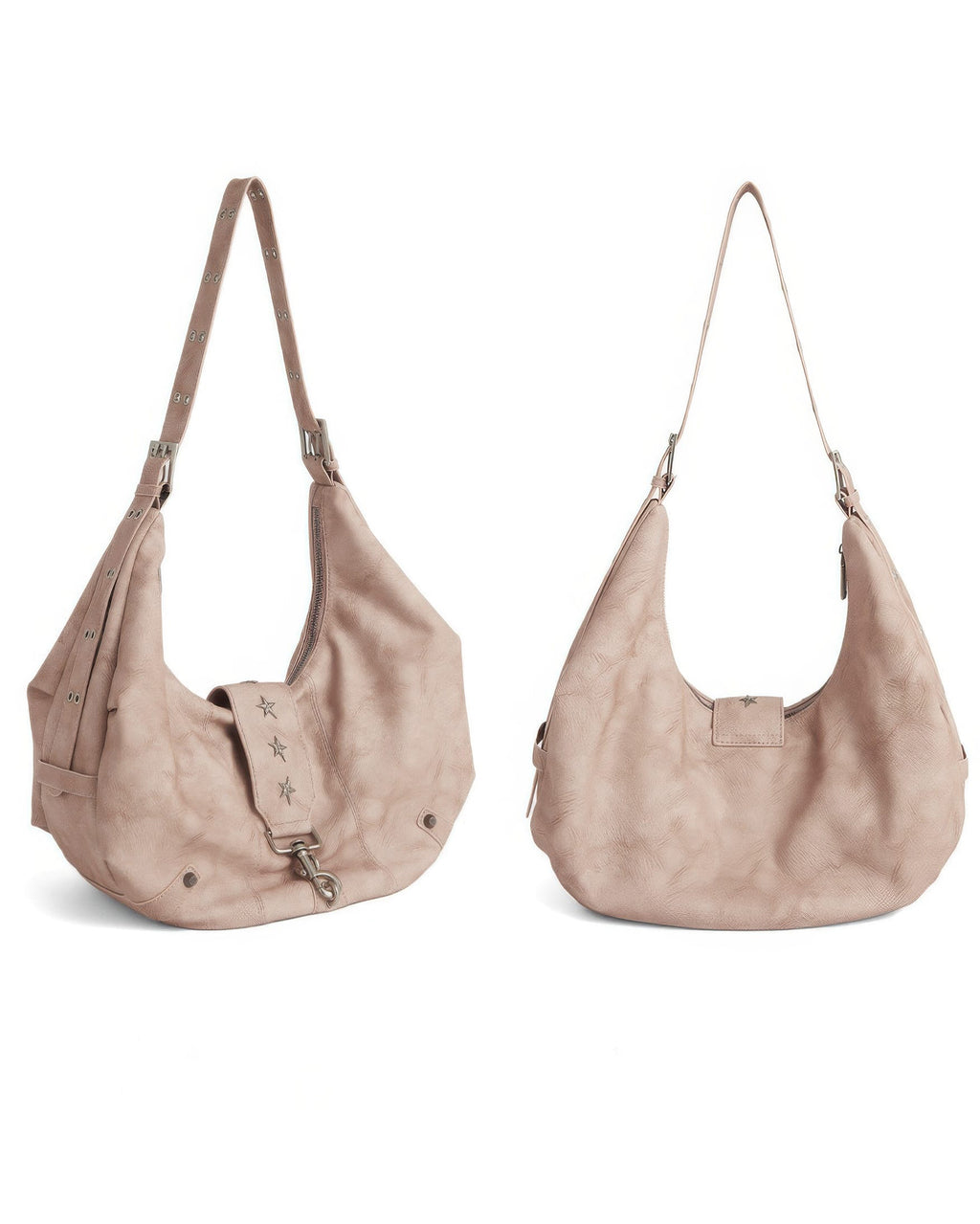 Front and back view product comparison of dusty pink slouchy crescent hobo shoulder bag showing grommet shoulder strap