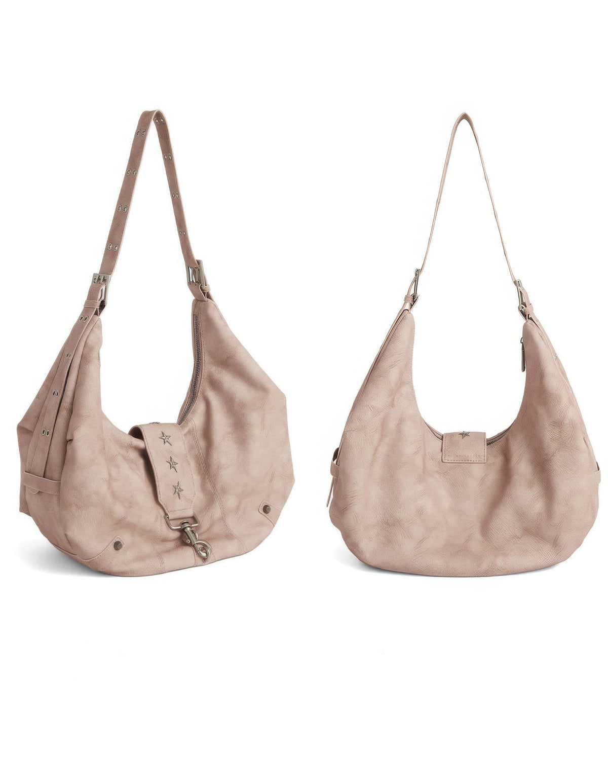 Front and back view product comparison of dusty pink slouchy crescent hobo shoulder bag showing grommet shoulder strap