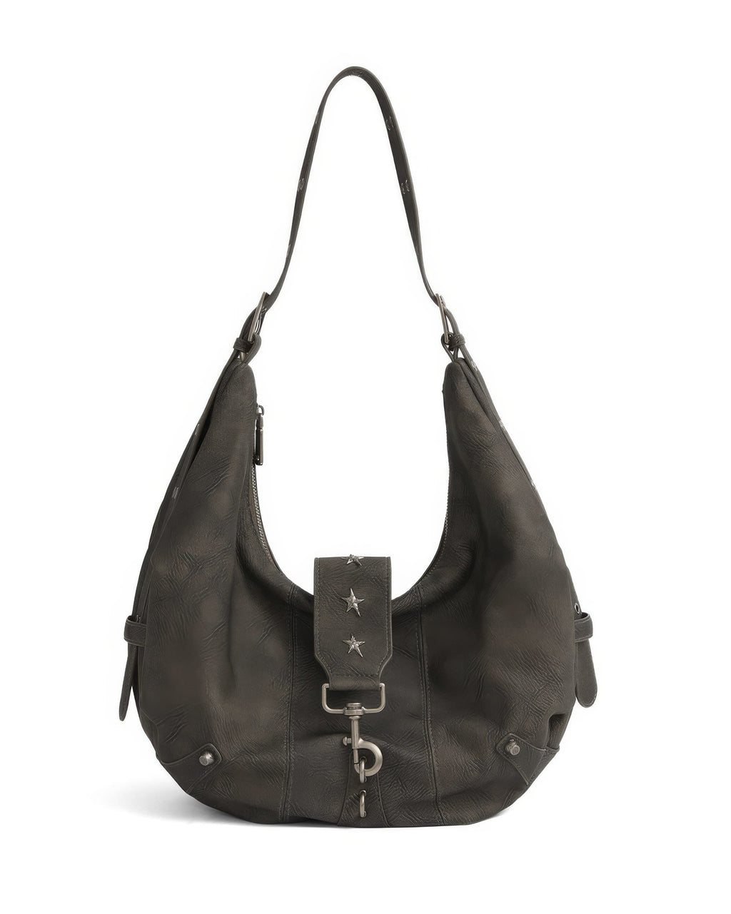 Front view studio shot of dark grey soft faux leather crescent hobo bag with star studs and lobster clasp clip