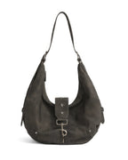 Front view studio shot of dark grey soft faux leather crescent hobo bag with star studs and lobster clasp clip